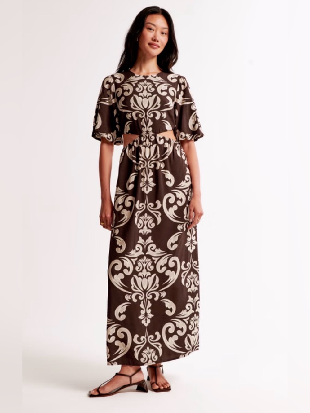 Women's Brown and Cream Patterned Midi Dress